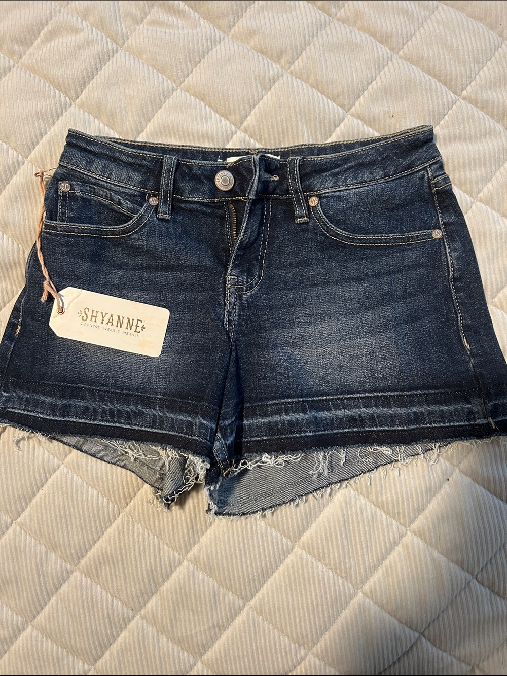 Shyanne Dark Blue Frayed Hem Denim Shorts